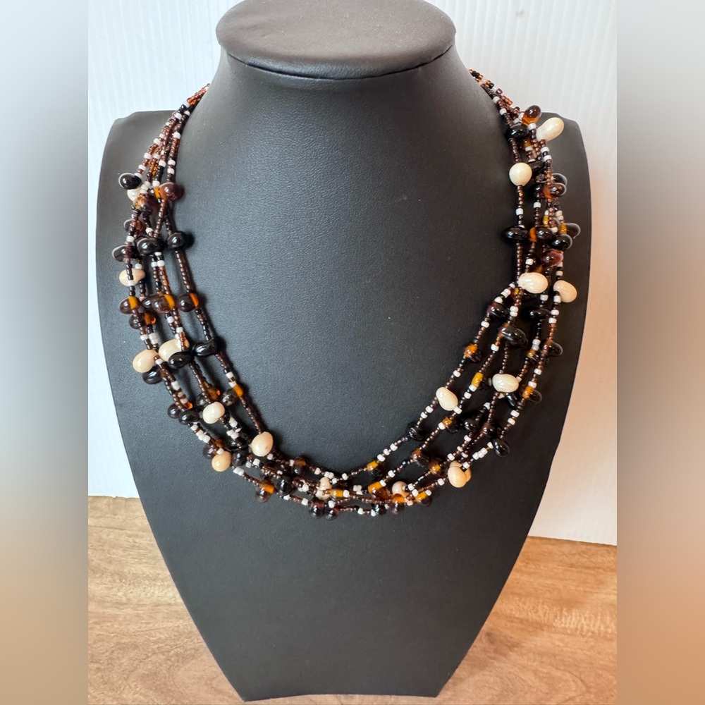 Multi-Strand Glass Beaded Necklace Browns & Cream Neutral Classic Boho Hippie